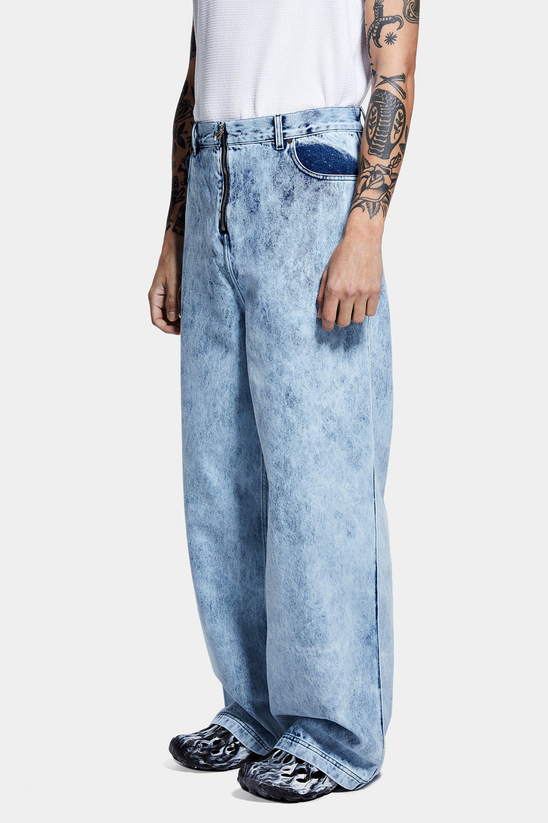 WASHED DENIM ZIPPED PANTS