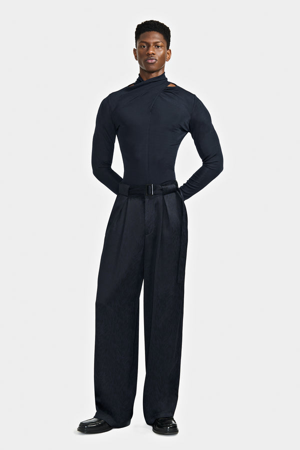 WIDE PANTS WITH DOUBLE PLEATS AND BELT IN FUR-PATTERNED JACQUARD